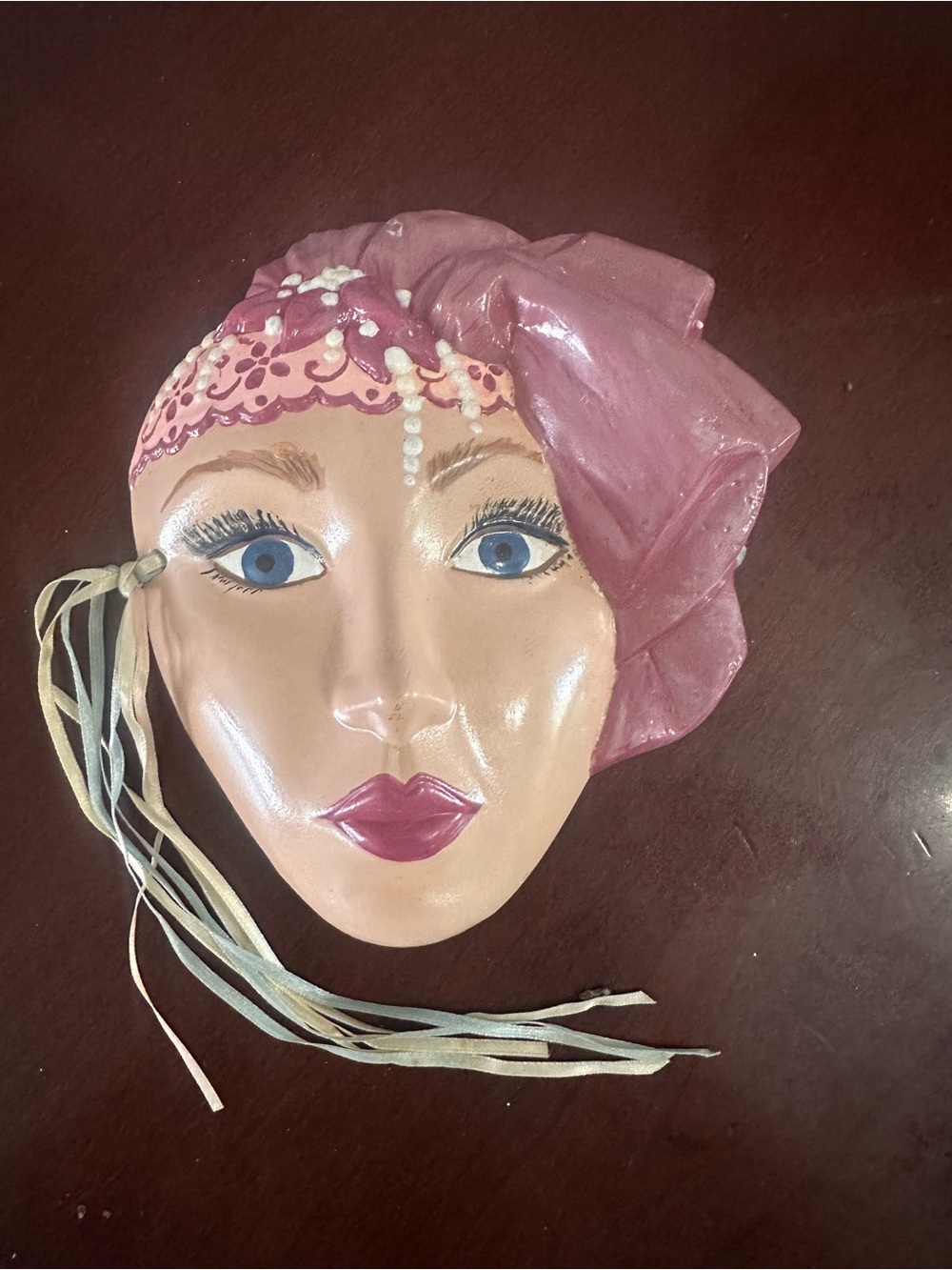 Vintage ceramic glamor girl with hat mask wall hanging 1980s art deco